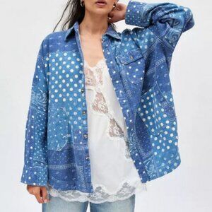 BDG Dani Oversized Flannel Shirt Blue Top Printed Button Blue XS